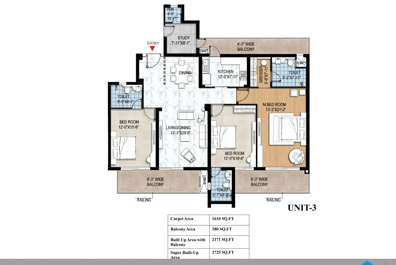 Floor plan – 3 BHK + Study + 4T (4-core cluster, Unit 3)